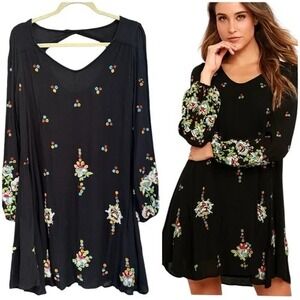 FREE PEOPLE BOHO OXFORD EMBROIDERED MINI DRESS IN BLACK COMBO XS‎